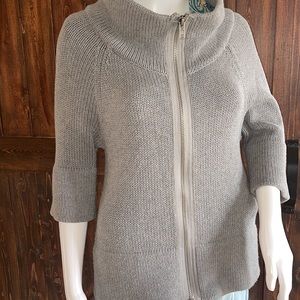 Kenneth Cole, classic sweater, zip up, gray, three-quarter or short sleeve. EUC